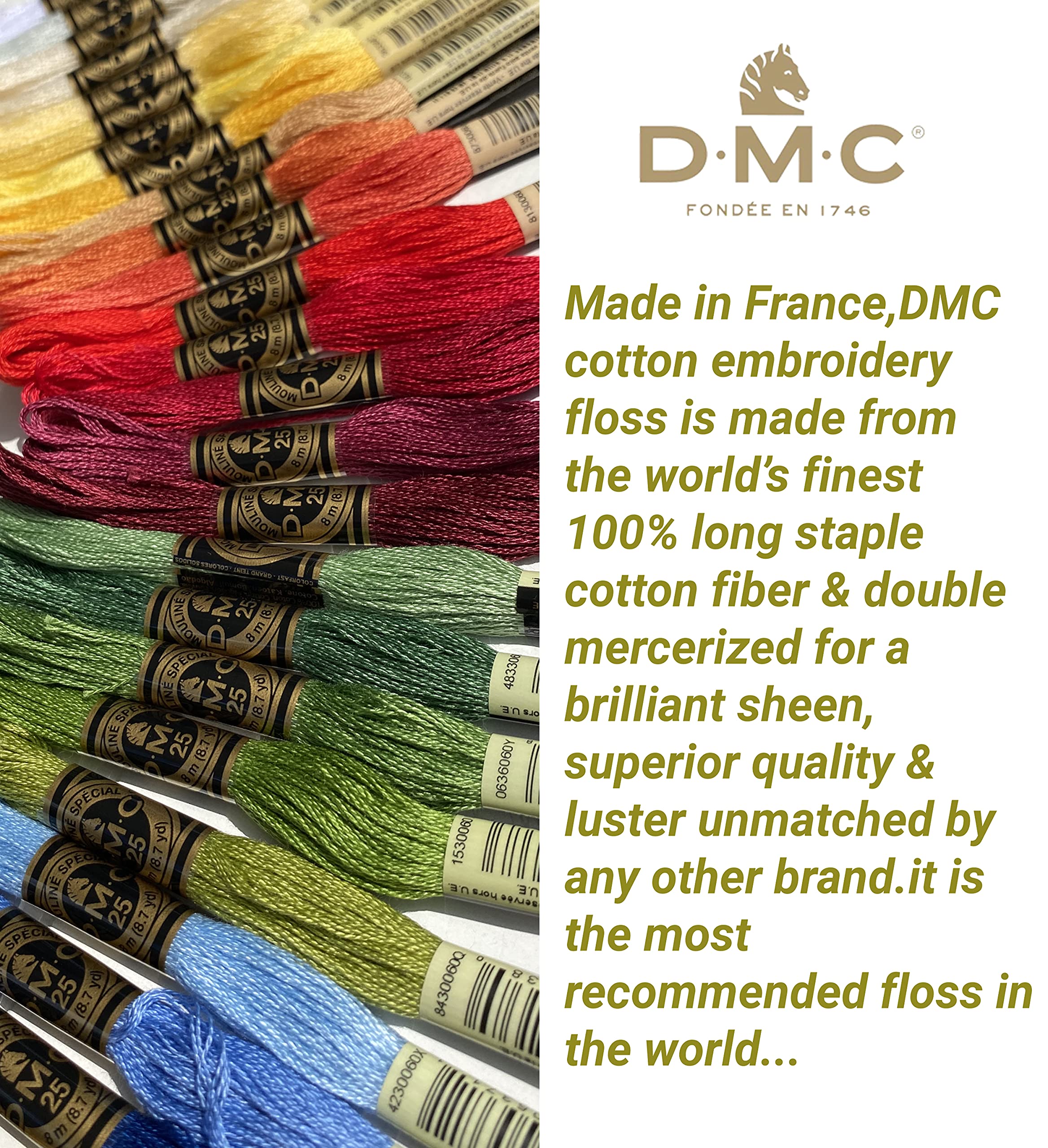 DMC Home Decor Embroidery Floss Set, Assortment Pack of 36 Cotton Thread Kit Bundle with Hand Embroidery Needle Size 3/9 and Threads of DMC Black/White.Cross Stitch String, Yarn Supplies