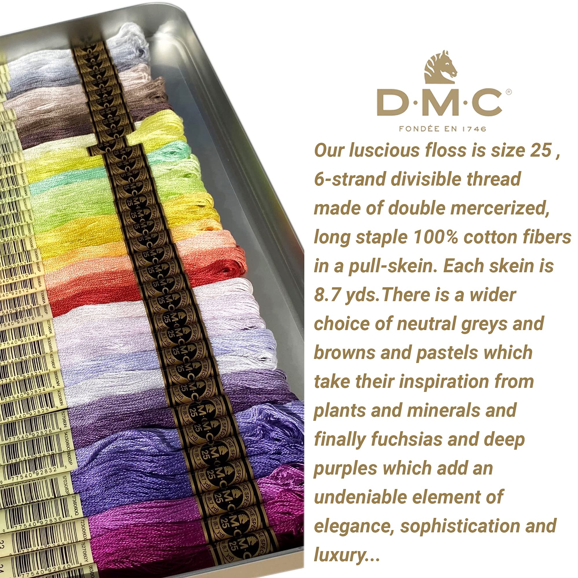 DMC Embroidery Floss Pack,35 Colors Assortment with Collector Tin,DMC Embroidery Thread Kit Bundle with DMC Needle Threader. Cotton Cross Stitch Supplies. Premium Quality String,Pastel Yarn Set.