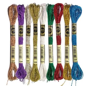 9 Skeins Mix Color Metallic Embroidery Floss Cross Stitch Needlework Thread, 8 Meters 12 Strands