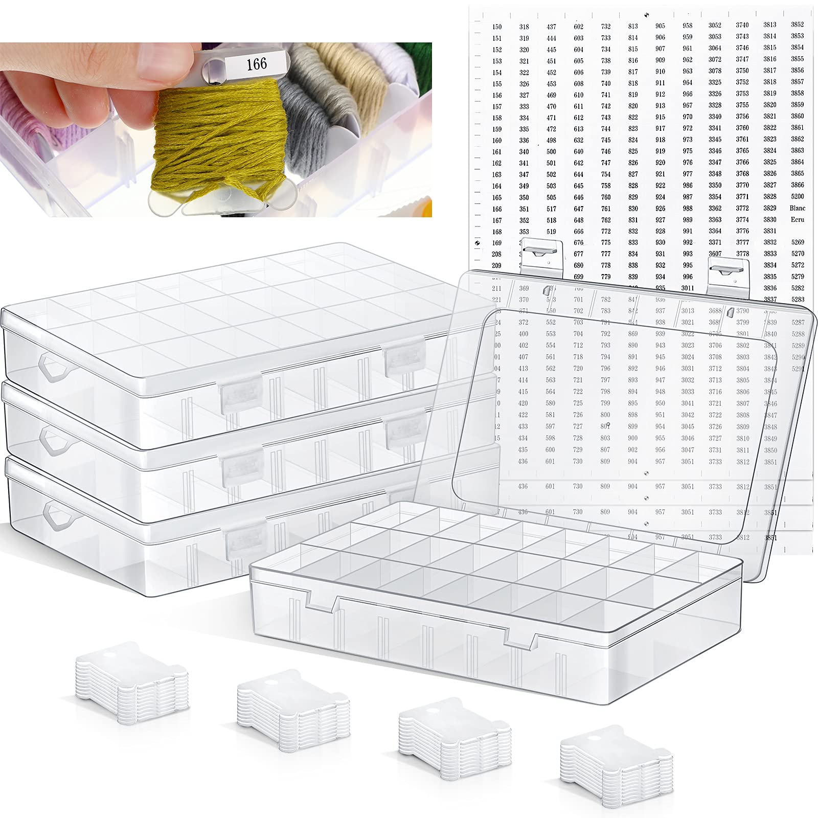 Queekay Embroidery Floss Organizer Box Set, Includes Compartments Floss Cross Stitch Organizer Box, Plastic Floss Bobbins and 1790 Floss Number Stickers for Thread Sewing, 4 Sets (50, 24 Grids)