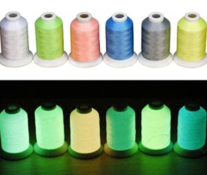 simthread [long glow duration] embroidery machine thread glow in the dark thread 6 colors 1000 yards 30wt, 100% polyester embroidery threads for music festivals, parties, raves, and more