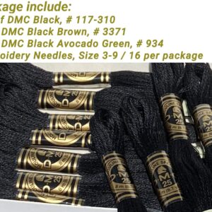 Charming Melodie Black Embroidery Floss, 6 Strand Cotton Yarn, 12/Pack, Includes Black-Brown #3371, Hand Needles, Cross Stitch