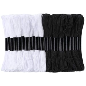 24 Skeins Cross Stitch Threads, Black and White Cotton Embroidery Floss Friendship Bracelets Floss with 12 Pieces Floss Bobbins for Knitting, Cross Stitch Project