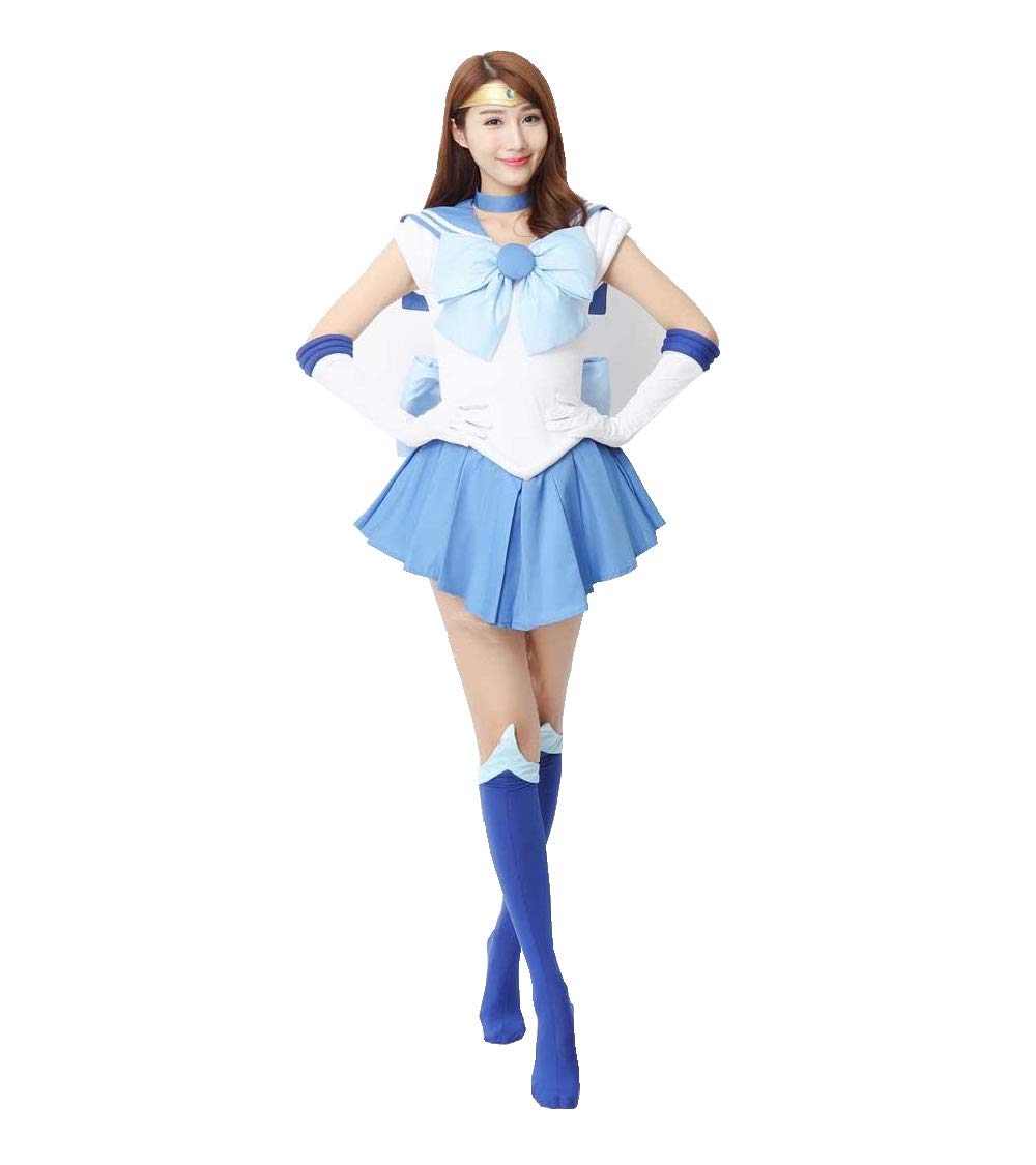 OURCOSPLAY Women's Mercury Mizuno Ami Battle Cosplay Costume Dress 6 Pcs Set (Women XS)