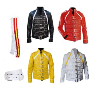 Freddie Concert Queen Yellow Synthetic Jacket Mercury Mens Pop Rock Star Concert Belted Costume 80s Rock Legend Costume Adults Lead Singer Yellow Jacket Outfit