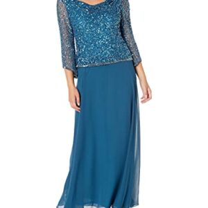 J Kara Women's Long Beaded Dress with Cowl Neck, Teal/Mercury, 18