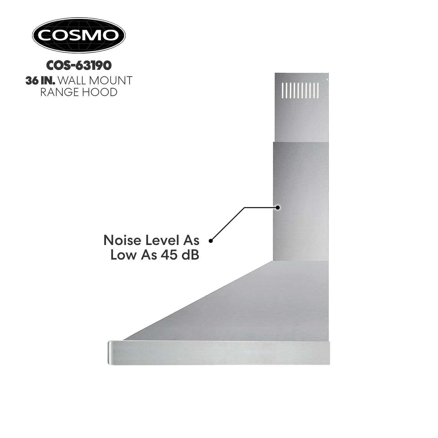 COSMO 63190 36 in. Wall Mount Range Hood with Ducted Convertible Ductless (No Kit Included), Kitchen Chimney-Style Over Stove Vent, 3 Speed Exhaust Fan, LED Lights in Stainless Steel