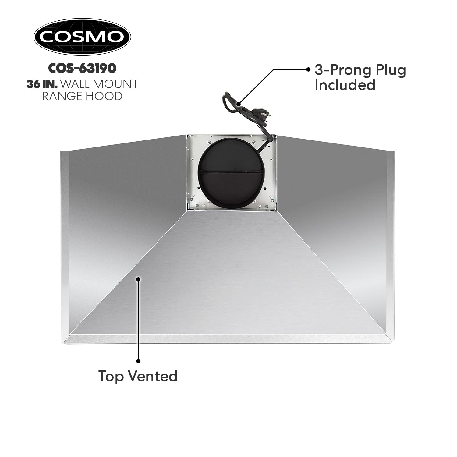 COSMO 63190 36 in. Wall Mount Range Hood with Ducted Convertible Ductless (No Kit Included), Kitchen Chimney-Style Over Stove Vent, 3 Speed Exhaust Fan, LED Lights in Stainless Steel