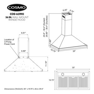 COSMO 63190 36 in. Wall Mount Range Hood with Ducted Convertible Ductless (No Kit Included), Kitchen Chimney-Style Over Stove Vent, 3 Speed Exhaust Fan, LED Lights in Stainless Steel