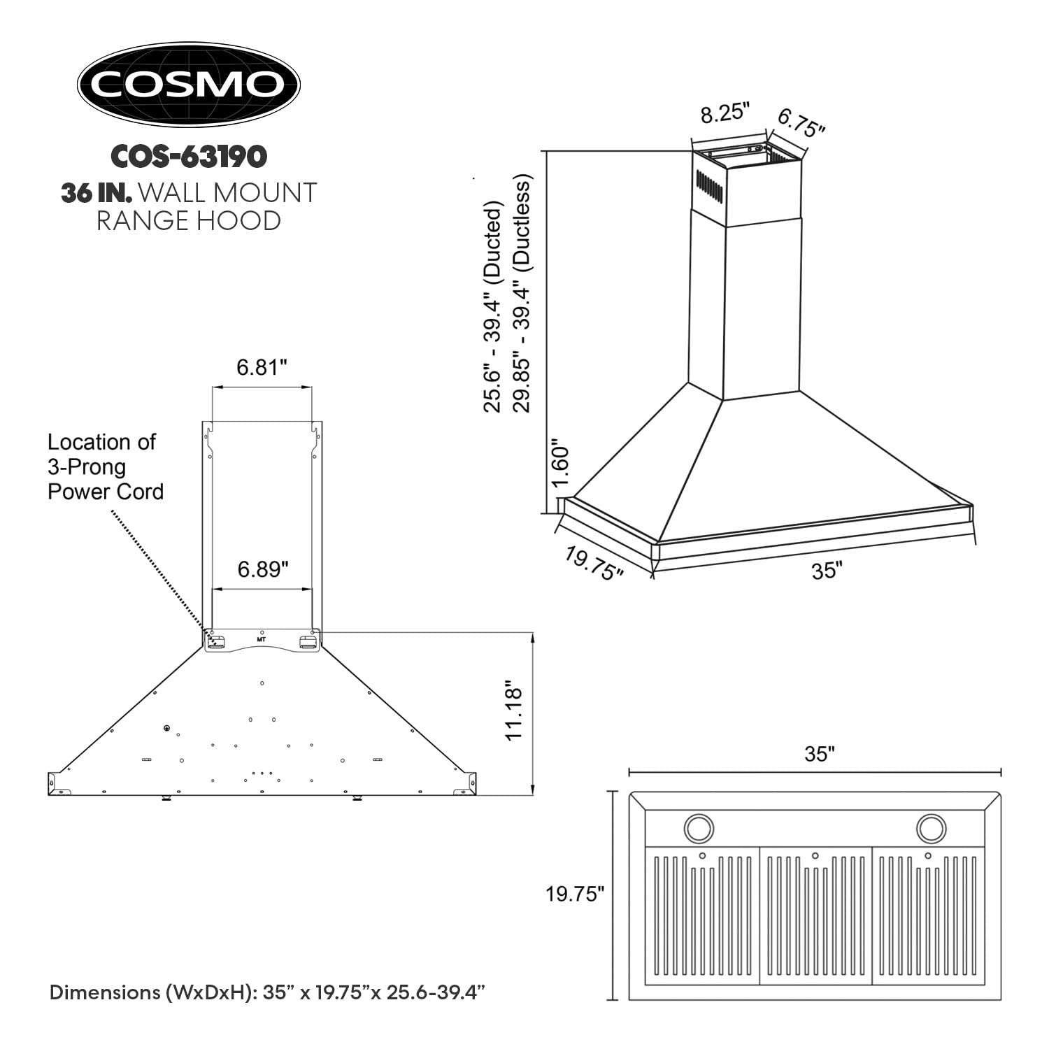 COSMO 63190 36 in. Wall Mount Range Hood with Ducted Convertible Ductless (No Kit Included), Kitchen Chimney-Style Over Stove Vent, 3 Speed Exhaust Fan, LED Lights in Stainless Steel