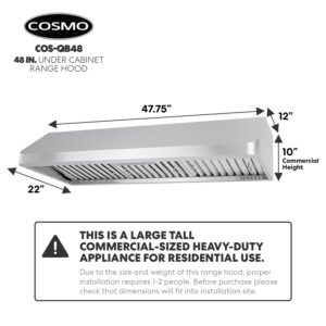 COSMO COS-QB48 Under Cabinet 48 in. Range Hood | 500 CFM, Ducted/Ductless Convertible (Kit Not Included), Push Button, Kitchen Stove Vent Light, Permanent Filter, Stainless Steel