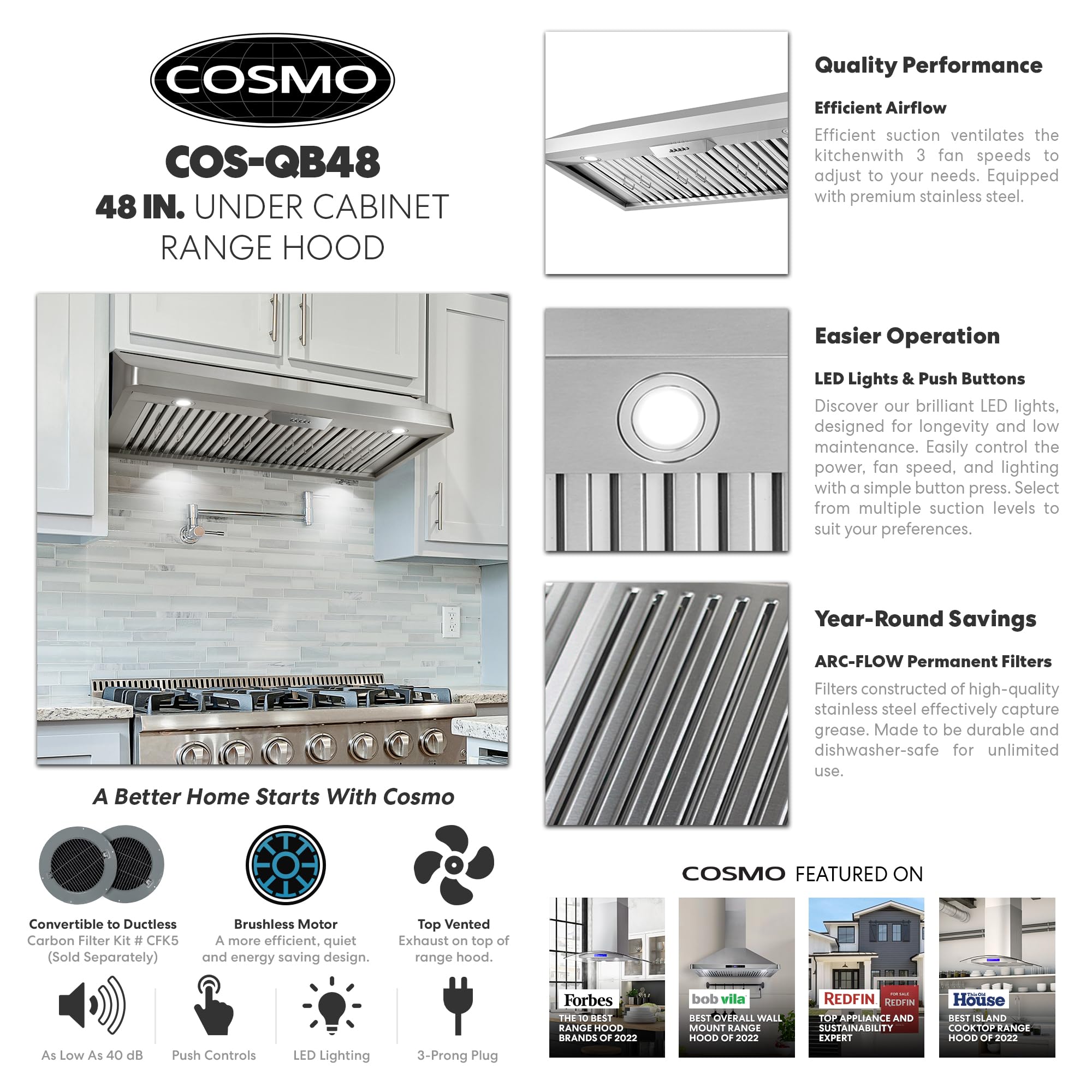 COSMO COS-QB48 Under Cabinet 48 in. Range Hood | 500 CFM, Ducted/Ductless Convertible (Kit Not Included), Push Button, Kitchen Stove Vent Light, Permanent Filter, Stainless Steel