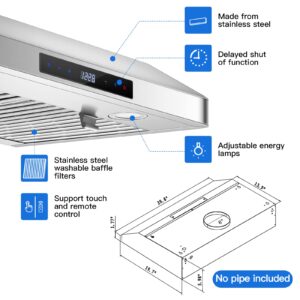 AMZCHEF Under Cabinet Range Hood 30 Inch, 700CFM Stainless Steel Kitchen Stove Vent Hood 3 Speed Exhaust Fan Touch/Remote Control LED lights Time Setting Dishwasher-Safe Baffle Filters