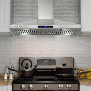 AKDY 30 in. Wall Mount Range Hood, 3-Speed Fan and LED Lights in Stainless Steel, Convertible Range Hood Ducted to Ductless with 2-Sets of Carbon Filters