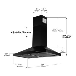 SNDOAS 24 inch Range Hood Black Range Hood, Ductless Range Hood with Energy Saving LED Light,Wall Mount Kitchen Hood,Over Stove Vent,Stainless Steel Chimney-Style Range Hood,Black Vent Hood