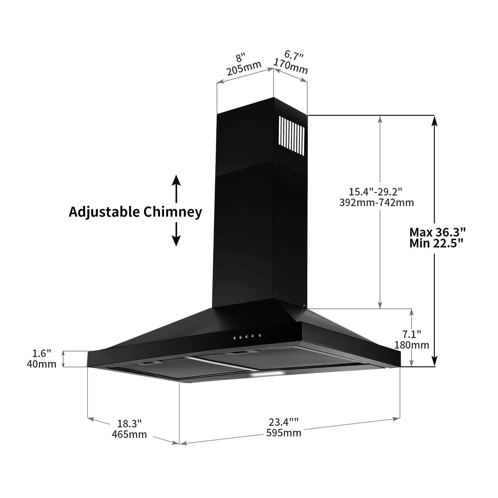 SNDOAS 24 inch Range Hood Black Range Hood, Ductless Range Hood with Energy Saving LED Light,Wall Mount Kitchen Hood,Over Stove Vent,Stainless Steel Chimney-Style Range Hood,Black Vent Hood