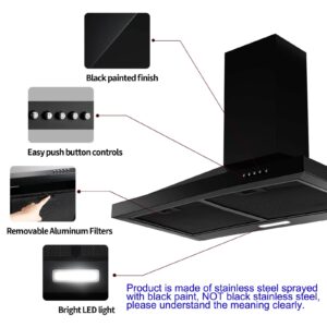 SNDOAS 24 inch Range Hood Black Range Hood, Ductless Range Hood with Energy Saving LED Light,Wall Mount Kitchen Hood,Over Stove Vent,Stainless Steel Chimney-Style Range Hood,Black Vent Hood