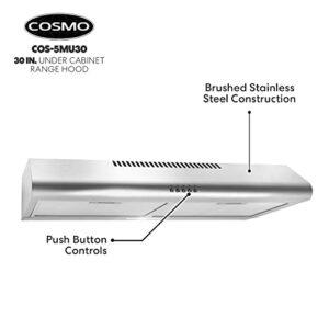 COSMO COS-5MU30 30 in. Under Cabinet Range Hood Ductless Convertible Duct, Slim Kitchen Stove Vent with, 3 Speed Exhaust Fan, Reusable Filter and LED Lights in Stainless Steel, 30 inch