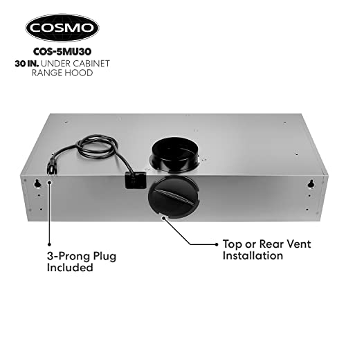 COSMO COS-5MU30 30 in. Under Cabinet Range Hood Ductless Convertible Duct, Slim Kitchen Stove Vent with, 3 Speed Exhaust Fan, Reusable Filter and LED Lights in Stainless Steel, 30 inch