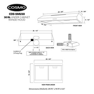 COSMO COS-5MU30 30 in. Under Cabinet Range Hood Ductless Convertible Duct, Slim Kitchen Stove Vent with, 3 Speed Exhaust Fan, Reusable Filter and LED Lights in Stainless Steel, 30 inch