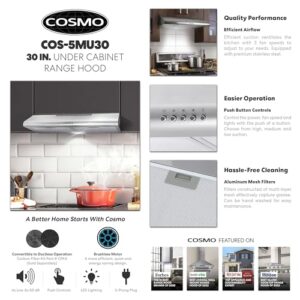 COSMO COS-5MU30 30 in. Under Cabinet Range Hood Ductless Convertible Duct, Slim Kitchen Stove Vent with, 3 Speed Exhaust Fan, Reusable Filter and LED Lights in Stainless Steel, 30 inch