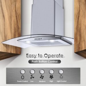 Range Hood 30 Inch, Tieasy Wall Mount Kitchen Hood with Ducted/Ductless Convertible Duct, Stainless Steel Chimney and Aluminum Filters, LED Lights, 3 Speed Fan, Push Button