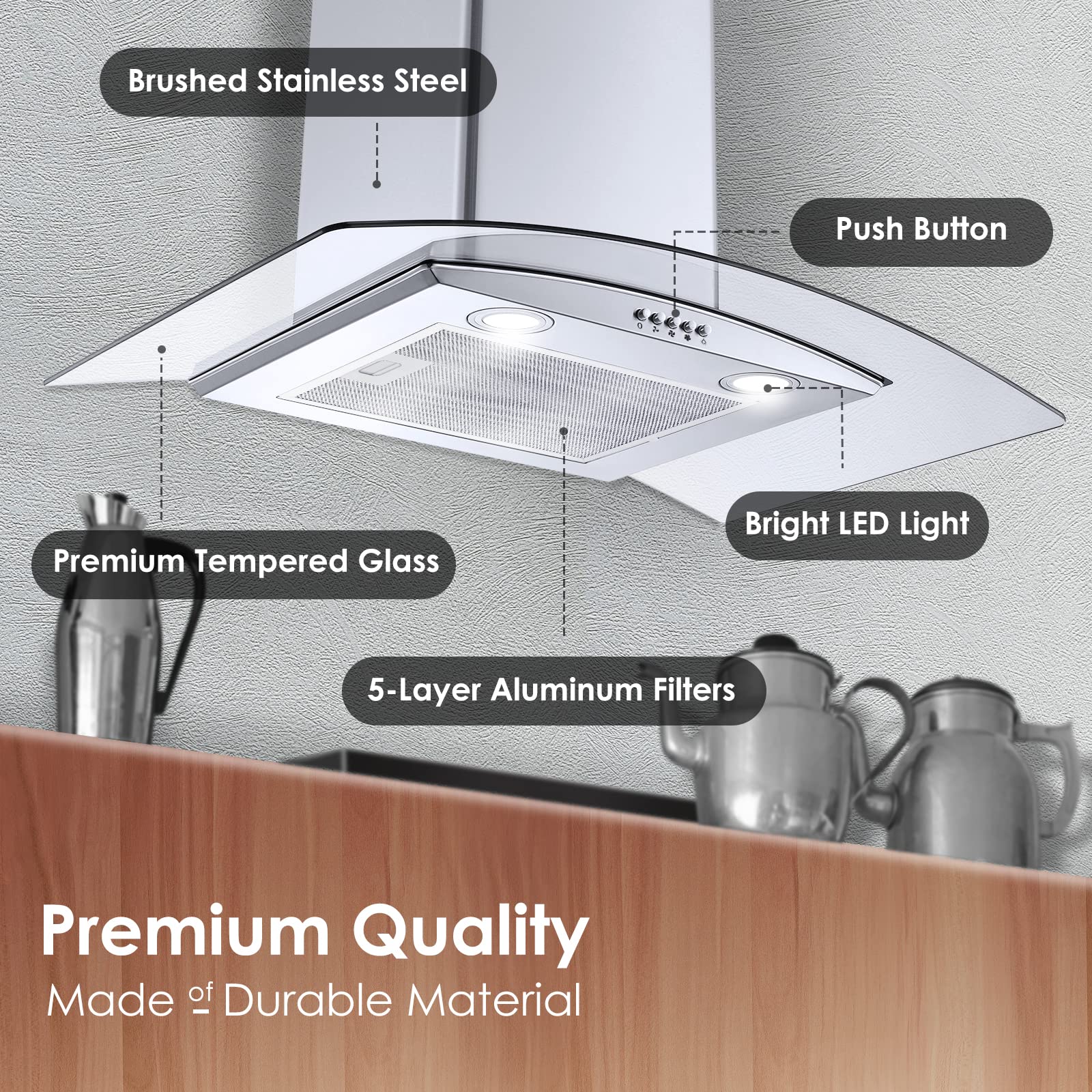 Range Hood 30 Inch, Tieasy Wall Mount Kitchen Hood with Ducted/Ductless Convertible Duct, Stainless Steel Chimney and Aluminum Filters, LED Lights, 3 Speed Fan, Push Button