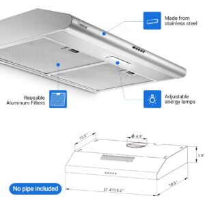 AMZCHEF Under Cabinet Range Hood 30 Inch, 250CFM Stainless Steel Kitchen Stove Vent Hood 3 Speed Exhaust Fan Button Control LED lights Dishwasher-Safe Aluminum Filters with Charcoal Filter