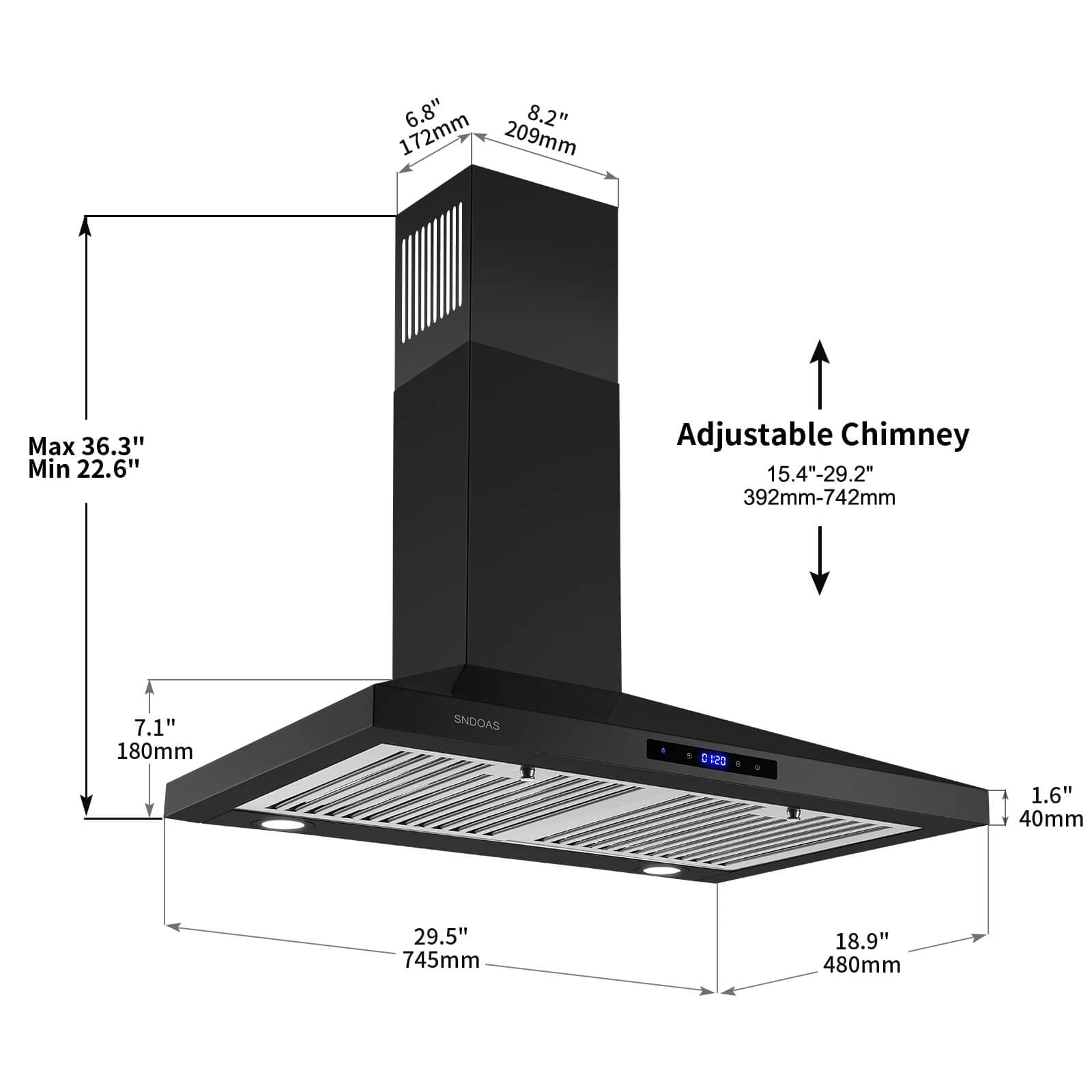 SNDOAS Range Hood Black,Wall Mounted Range Hood 30 inches,Black Kitchen Hoods with Touch Controls,Stainless Steel Range Hood in Black Painted,Black Range Hood 30 inches,Hood Vents for Kitchen