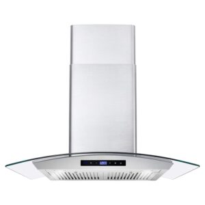 cosmo 668wrcs75 wall mount range hood with ducted exhaust vent, 3 speed fan, soft touch controls, tempered glass, permanent filters in stainless steel, 30 inches