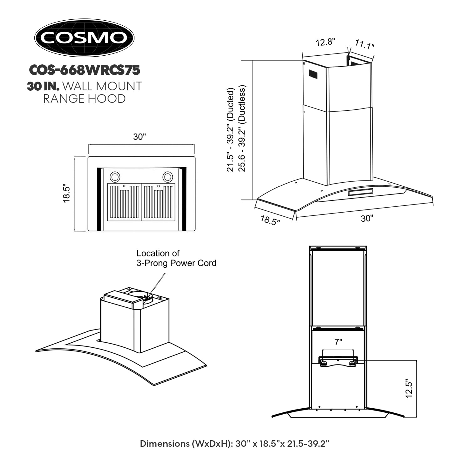 COSMO 668WRCS75 Wall Mount Range Hood with Ducted Exhaust Vent, 3 Speed Fan, Soft Touch Controls, Tempered Glass, Permanent Filters in Stainless Steel, 30 inches