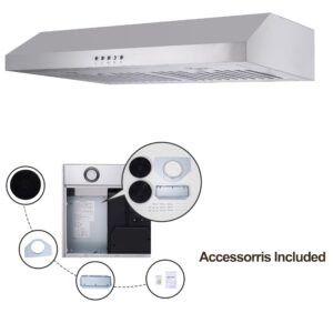 EVERKITCH Range Hood 30inch Under Cabinet, Ductless and Ducted Convertible, 600CFM, with Permanant Stainless Steel Filters