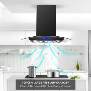 JOEAONZ 30 Inch Island Range Hood Black 700CFM Stainless Steel Convertible, Ceiling Mount Vent Hood with Tempered Glass, Kitchen Exhaust Fan, LED lights, LCD Touch Panel, Permanent Grease Filters