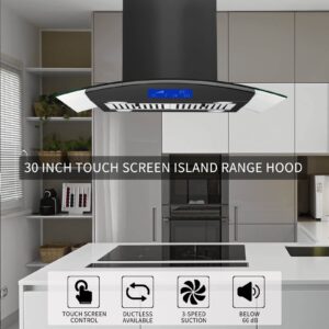 JOEAONZ 30 Inch Island Range Hood Black 700CFM Stainless Steel Convertible, Ceiling Mount Vent Hood with Tempered Glass, Kitchen Exhaust Fan, LED lights, LCD Touch Panel, Permanent Grease Filters