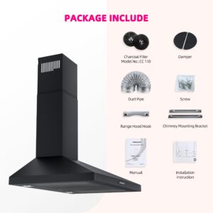 FIREGAS Black Range Hood 30 inch, Ducted/Ductless Range Hood Wall Mount Kitchen Vent Hood with 3 Speed Exhaust Fan, Push Button, LED Light, Stainless Steel Stove Hoods, Charcoal Filter Included