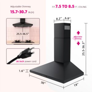 FIREGAS Black Range Hood 30 inch, Ducted/Ductless Range Hood Wall Mount Kitchen Vent Hood with 3 Speed Exhaust Fan, Push Button, LED Light, Stainless Steel Stove Hoods, Charcoal Filter Included