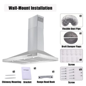 Zomagas 36 inch Range Hood, Wall Mounted Vent Hood in Stainless Steel, Ducted/Ductless Kitchen Hood w/Push Button Control, 3 Speed Exhaust Fan, 3 Pcs Baffle Filters, Energy Saving LED Light