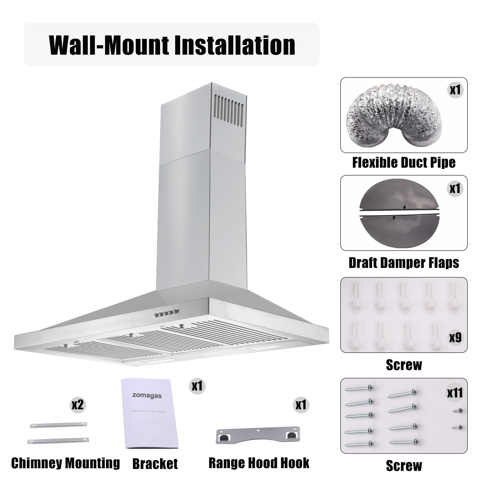 Zomagas 36 inch Range Hood, Wall Mounted Vent Hood in Stainless Steel, Ducted/Ductless Kitchen Hood w/Push Button Control, 3 Speed Exhaust Fan, 3 Pcs Baffle Filters, Energy Saving LED Light