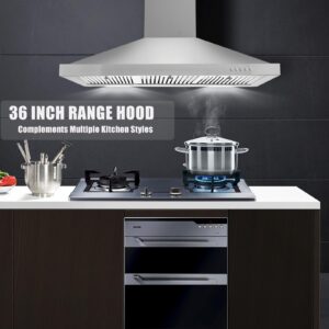 Zomagas 36 inch Range Hood, Wall Mounted Vent Hood in Stainless Steel, Ducted/Ductless Kitchen Hood w/Push Button Control, 3 Speed Exhaust Fan, 3 Pcs Baffle Filters, Energy Saving LED Light