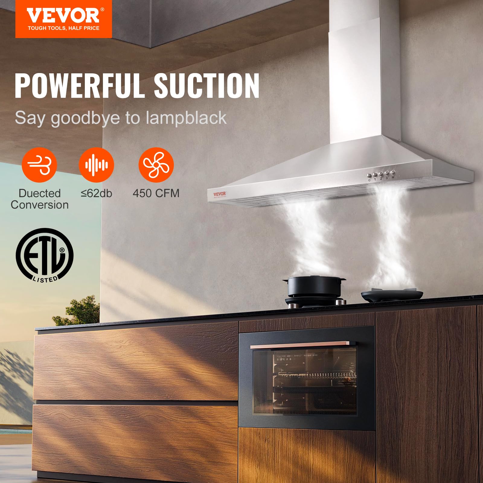 VEVOR TD1775Y-AC-I1 Wall Mount Range Hood Ducted Kitchen Stove Vent, Silver