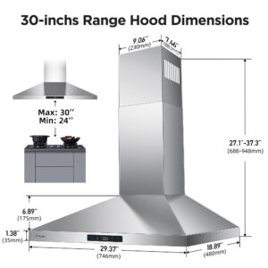 Range Hood 30 inch Stainless Steel, Wall Mount Stove Hood Ducted/Ductless Convertible with 3 Speed Kitchen Vent Hood, Touch Control, Energy-saving LED Lights, 5-Layer Aluminum Filters