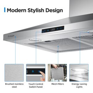 Range Hood 30 inch Stainless Steel, Wall Mount Stove Hood Ducted/Ductless Convertible with 3 Speed Kitchen Vent Hood, Touch Control, Energy-saving LED Lights, 5-Layer Aluminum Filters