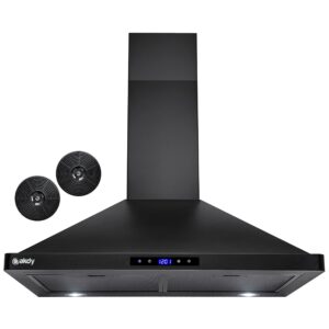 akdy convertible kitchen wall mount range hood in black painted stainless steel with lights and carbon filters (30 in.)