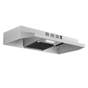 Range Hood 30 inch Under Cabinet, Stainless Steel Kitchen Vent Hood 280CFM, Built-in Kitchen Stove Hood w/Rocker Button Control, Ducted/Ductless Convertible Duct, 2 Speeds Fan, Bright LED Light