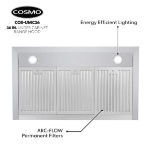 COSMO UMC36 36 in. Ducted Under Cabinet Stainless Steel Range Hood with LED Light, 380 CFM, Permanent Filter, 36 inch