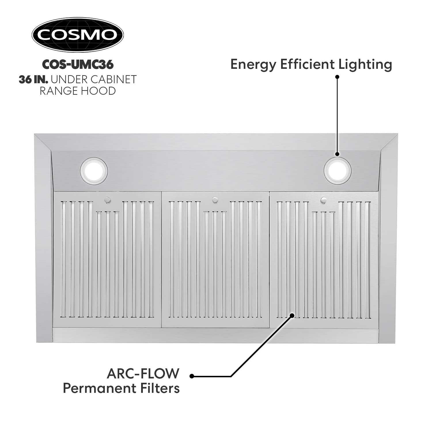 COSMO UMC36 36 in. Ducted Under Cabinet Stainless Steel Range Hood with LED Light, 380 CFM, Permanent Filter, 36 inch