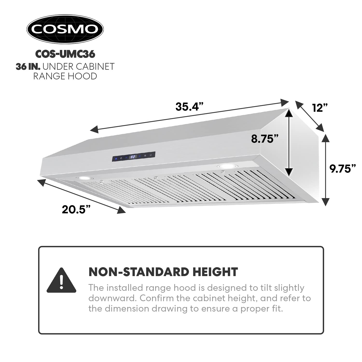 COSMO UMC36 36 in. Ducted Under Cabinet Stainless Steel Range Hood with LED Light, 380 CFM, Permanent Filter, 36 inch