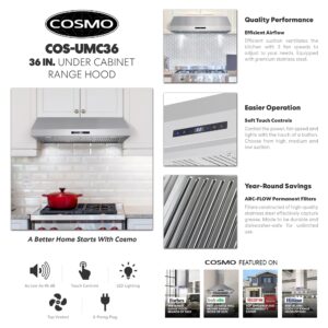 COSMO UMC36 36 in. Ducted Under Cabinet Stainless Steel Range Hood with LED Light, 380 CFM, Permanent Filter, 36 inch