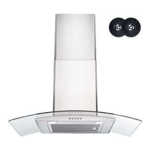 range hood 30 inch, firegas ducted/ductless convertible wall mount range hood with tempered glass, 3 speed fan, 400cfm, button control, led light, stainless steel filters, include 2 charcoal filters