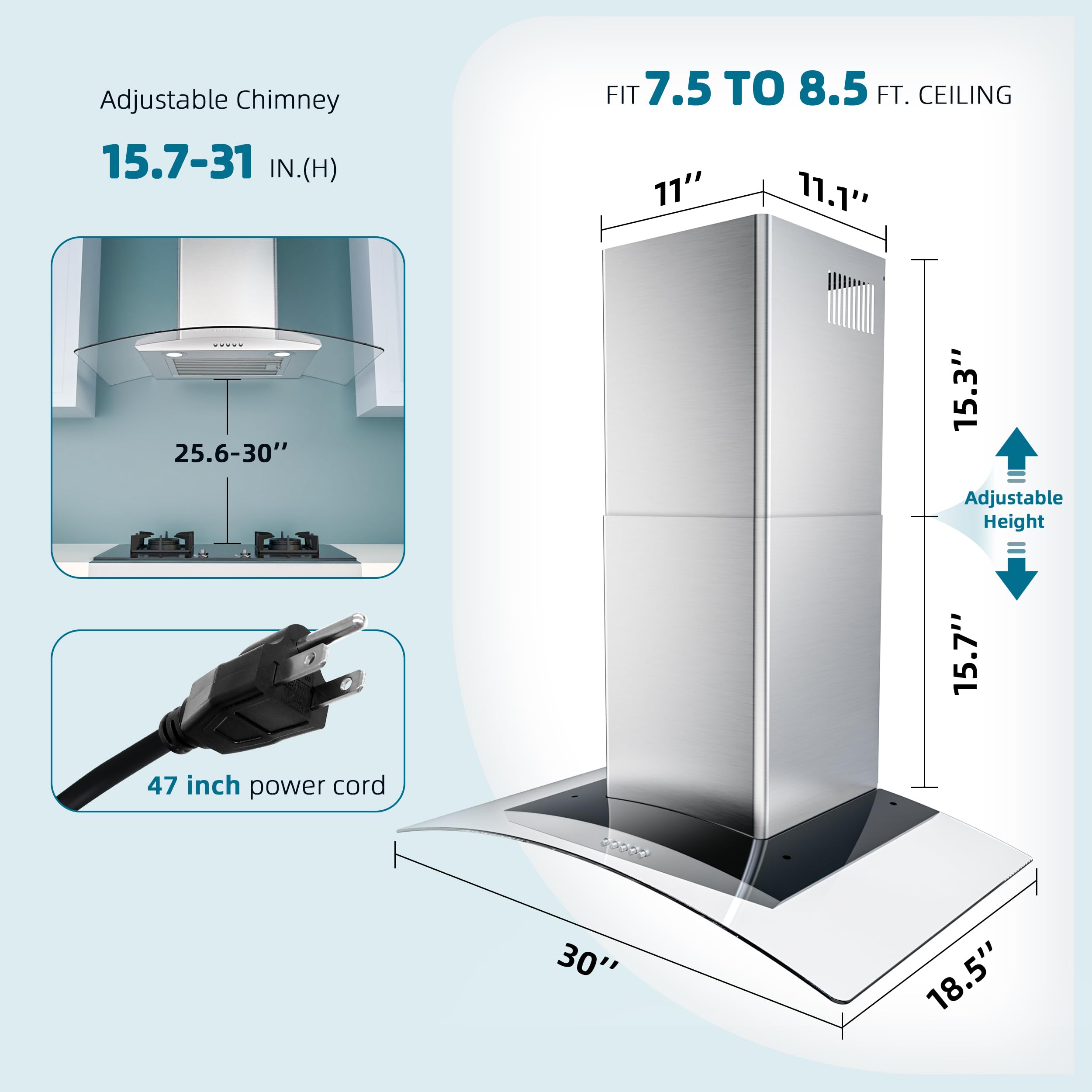 Range Hood 30 Inch, FIREGAS Ducted/Ductless Convertible Wall Mount Range Hood with Tempered Glass, 3 Speed Fan, 400CFM, Button Control, LED Light, Stainless Steel Filters, include 2 Charcoal Filters